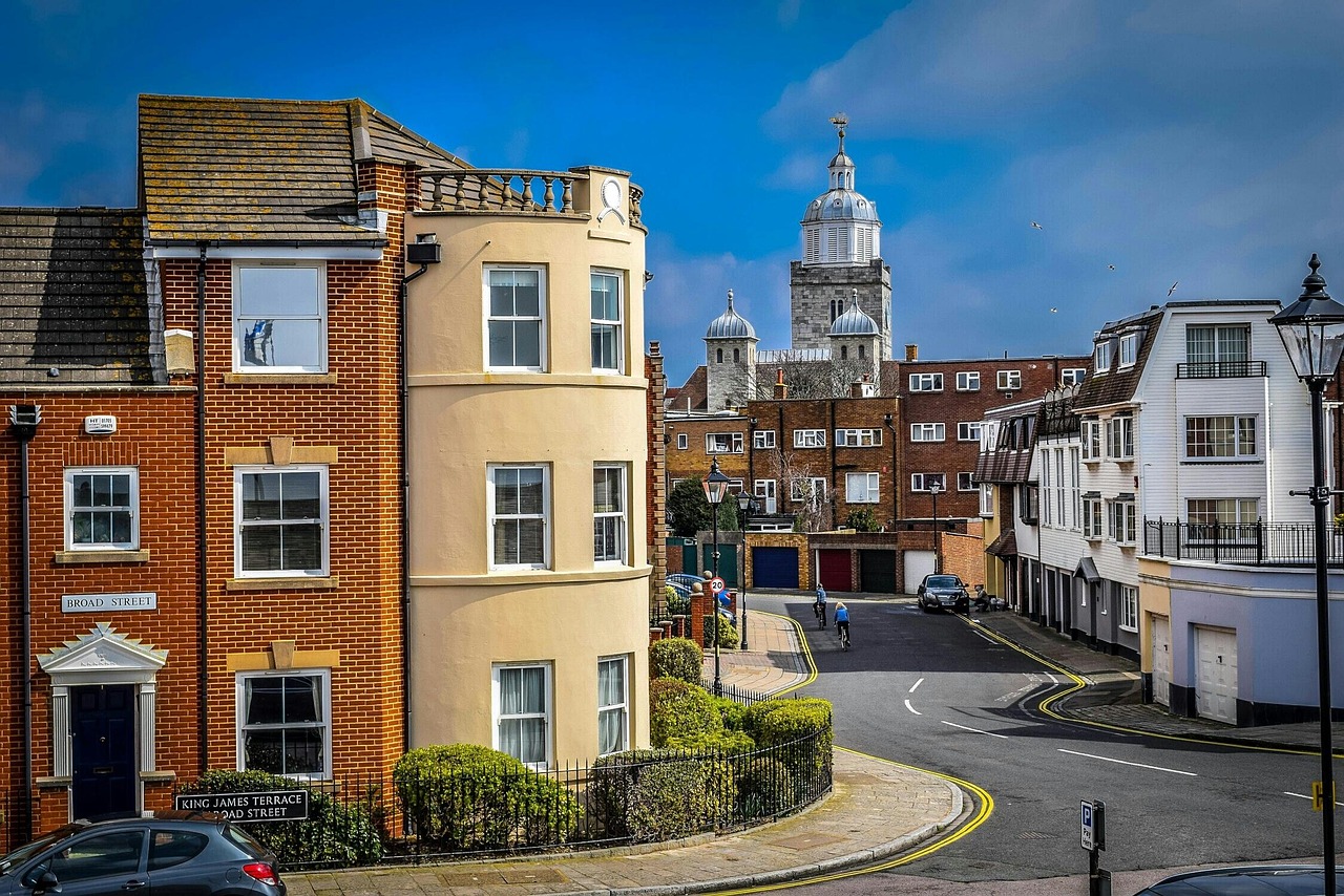 portsmouth, england, nature, old town, street, buildings, sky, clouds, colours